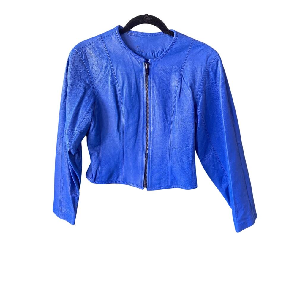 Vintage Leather Jacket Women XS Blue Retro Punk Glam 90s Moto Maximalist Coat